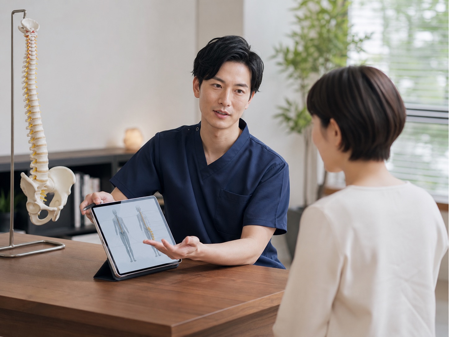 骨格模型とタブレットを使い、身体の状態を分かりやすく説明する施術の様子。
